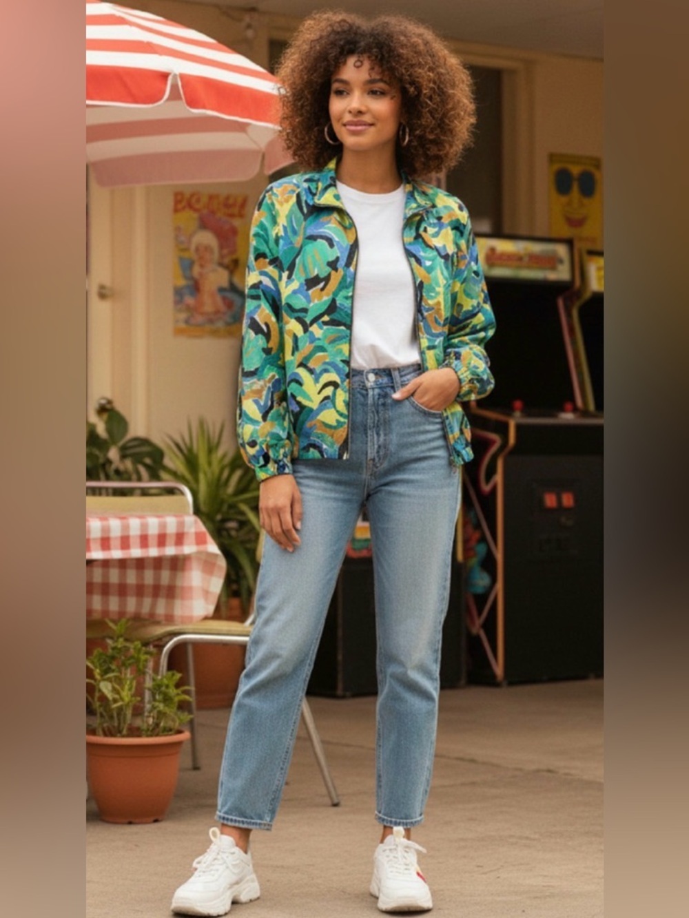 LILI SIDONIO PRINTED ZIPPERED BOMBER JACKET MINT JEANNE SIZE L, NWT
